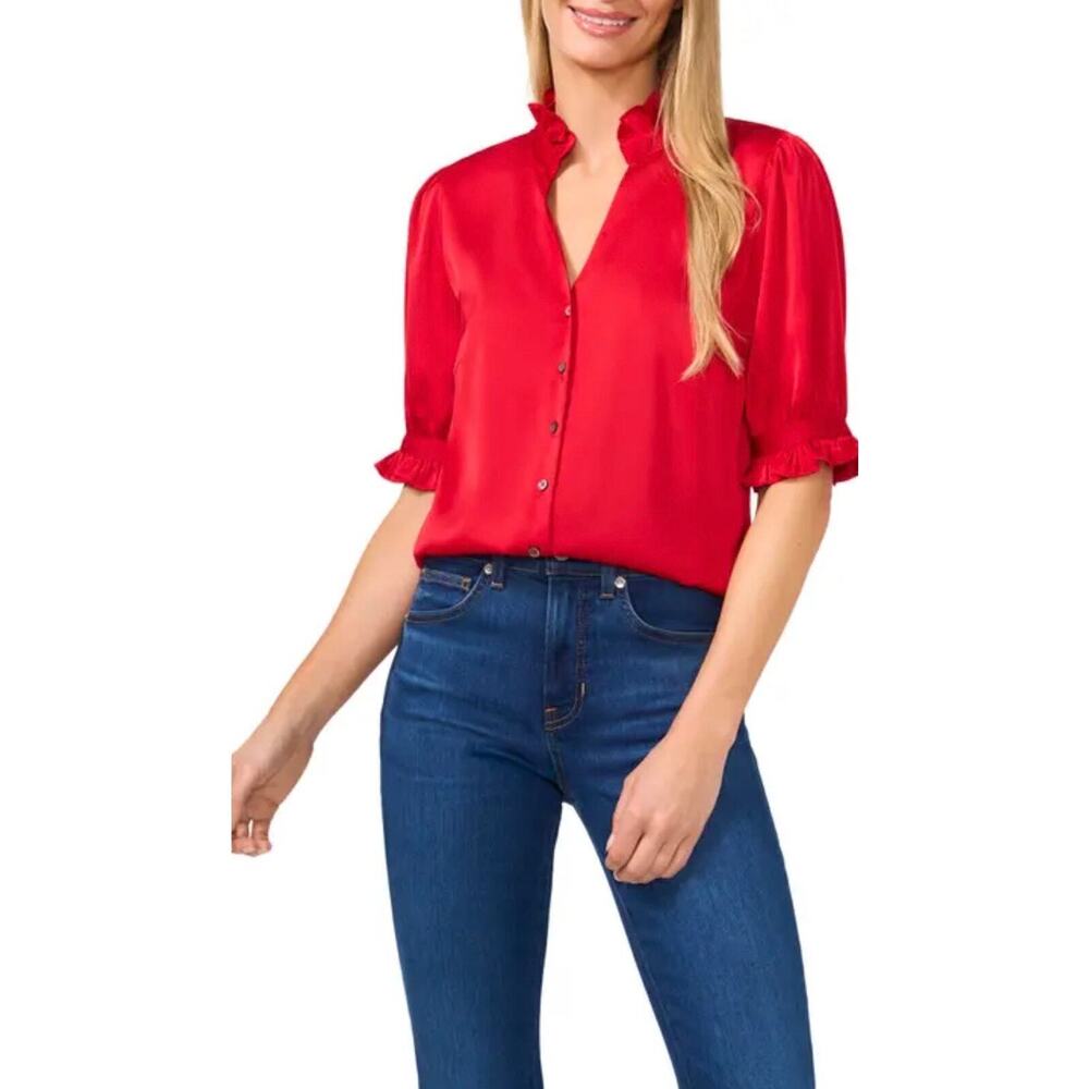 CECE women’s Puff-sleeve Button-front Blouse In red size small